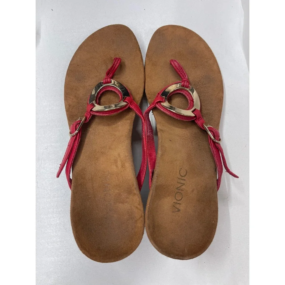 Vionic Orchid Red Leather Wedge Sandals Gold Ring Thong Slingback Women 9